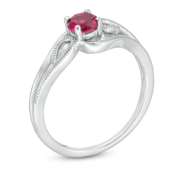 4.0mm Lab-Created Ruby Solitaire Textured Loop Bypass Split Shank Promise Ring in Sterling Silver