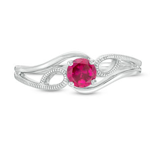 4.0mm Lab-Created Ruby Solitaire Textured Loop Bypass Split Shank Promise Ring in Sterling Silver