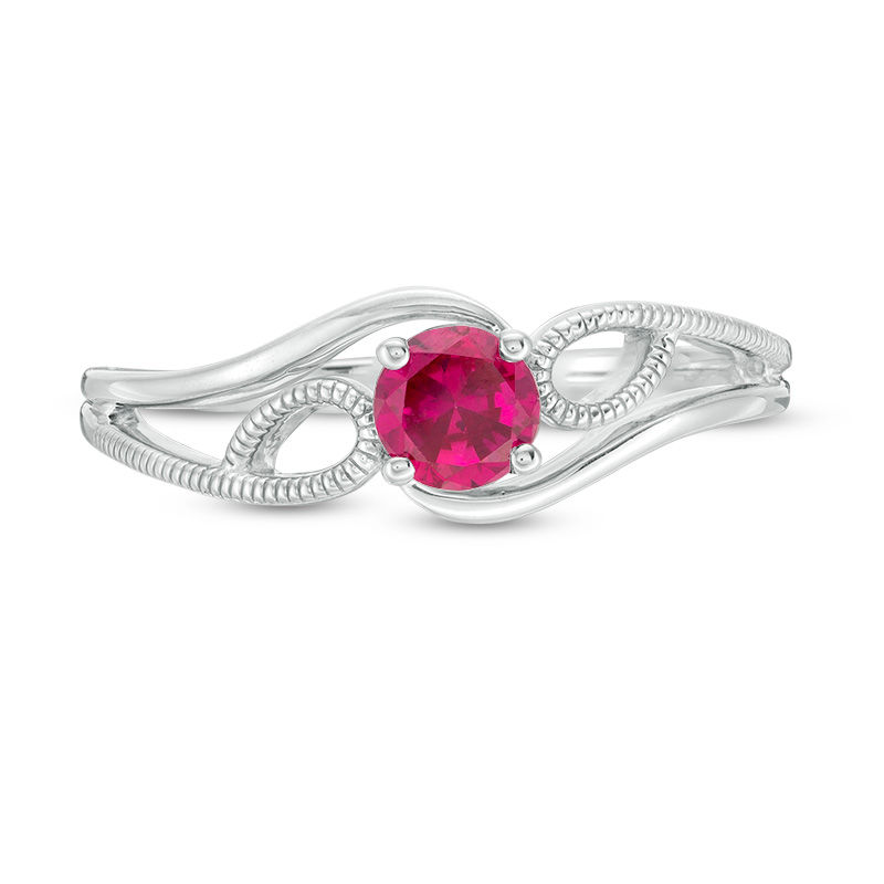 4.0mm Lab-Created Ruby Solitaire Textured Loop Bypass Split Shank Promise Ring in Sterling Silver|Peoples Jewellers
