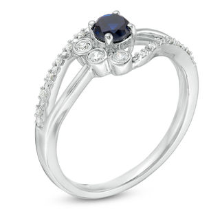 4.0mm Lab-Created Blue Sapphire and 0.065 CT. T.W. Diamond Bezel-Set Side Accent Bypass Promise Ring in Sterling Silver