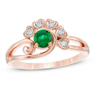 4.0mm Lab-Created Emerald and Diamond Accent Heart Frame Swirling Split Shank Promise Ring in 10K Rose Gold