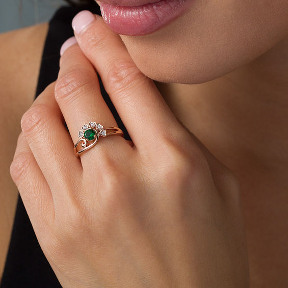 4.0mm Lab-Created Emerald and Diamond Accent Heart Frame Swirling Split Shank Promise Ring in 10K Rose Gold