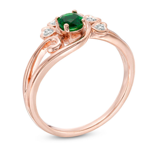 4.0mm Lab-Created Emerald and Diamond Accent Heart Frame Swirling Split Shank Promise Ring in 10K Rose Gold