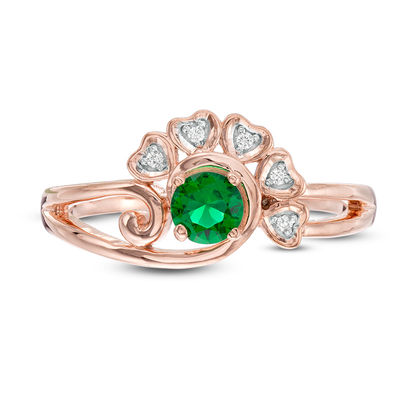 4.0mm Lab-Created Emerald and Diamond Accent Heart Frame Swirling Split Shank Promise Ring in 10K Rose Gold