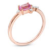 Thumbnail Image 2 of Oval Lab-Created Pink Sapphire and 0.065 CT. T.W. Diamond Side Accent Promise Ring in 10K Rose Gold