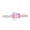 Thumbnail Image 3 of Oval Lab-Created Pink Sapphire and 0.065 CT. T.W. Diamond Side Accent Promise Ring in 10K Rose Gold