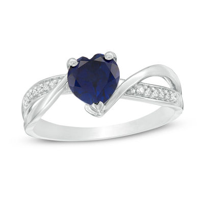 6.0mm Heart-Shaped Lab-Created Sapphire and 0.04 CT. T.W. Diamond Crossover Bypass Promise Ring in Sterling Silver