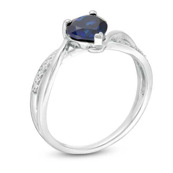 6.0mm Heart-Shaped Lab-Created Sapphire and 0.04 CT. T.W. Diamond Crossover Bypass Promise Ring in Sterling Silver