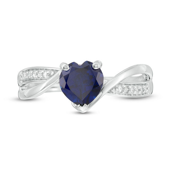 6.0mm Heart-Shaped Lab-Created Sapphire and 0.04 CT. T.W. Diamond Crossover Bypass Promise Ring in Sterling Silver