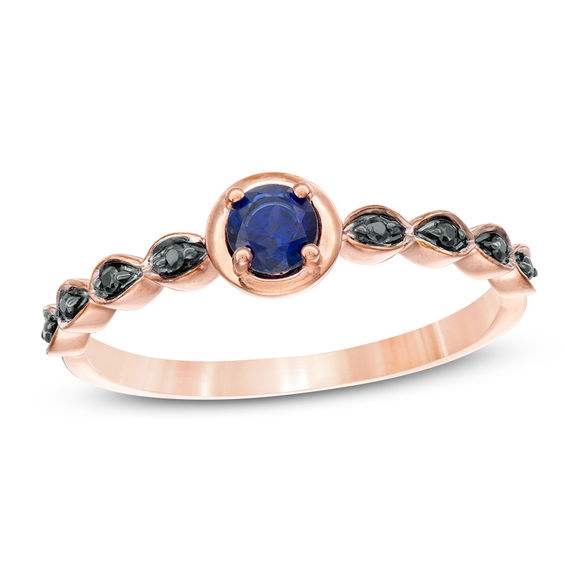 Lab-Created Blue Sapphire and 0.04 CT. T.W. Black Diamond Marquise Side Accent Promise Ring in 10K Rose Gold