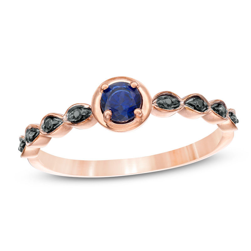 Lab-Created Blue Sapphire and 0.04 CT. T.W. Black Diamond Marquise Side Accent Promise Ring in 10K Rose Gold|Peoples Jewellers