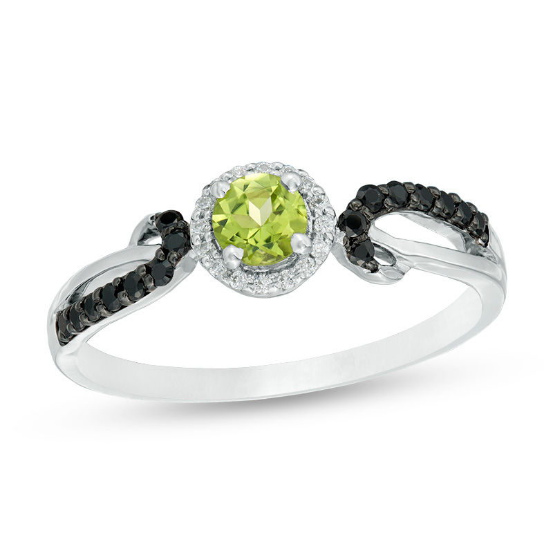 4.0mm Peridot and 0.145 CT. T.W. Enhanced Black and White Diamond Frame Crossover Loop Promise Ring in 10K White Gold|Peoples Jewellers
