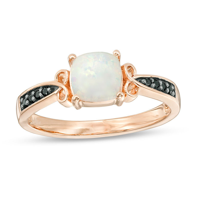 Cushion-Cut Lab-Created Opal and 0.04 CT. T.W. Black Diamond Criss-Cross Loop Promise Ring in 10K Rose Gold|Peoples Jewellers