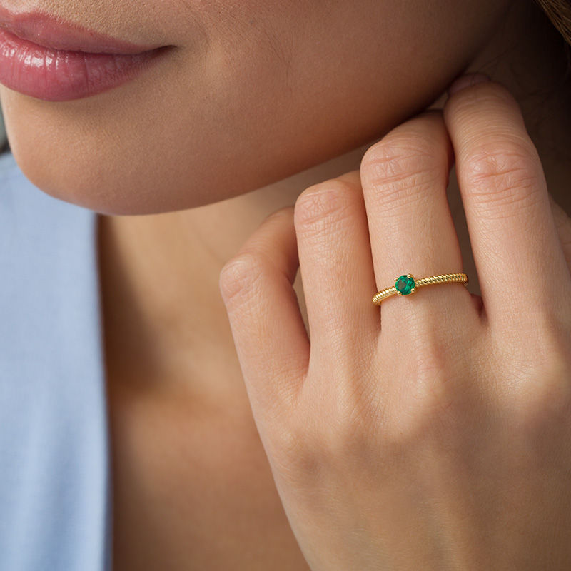 4.0mm Lab-Created Emerald Solitaire Rope Shank Promise Ring in 10K Gold|Peoples Jewellers