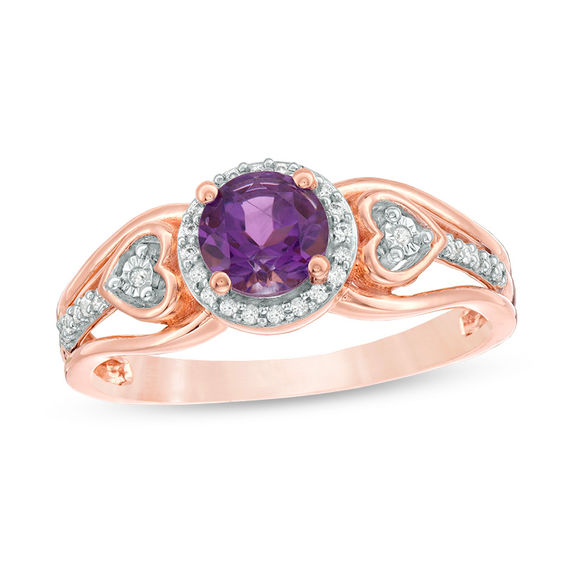 5.0mm Amethyst and 0.086 CT. T.W. Diamond Frame Heart Side Accent Split Shank Promise Ring in 10K Rose Gold