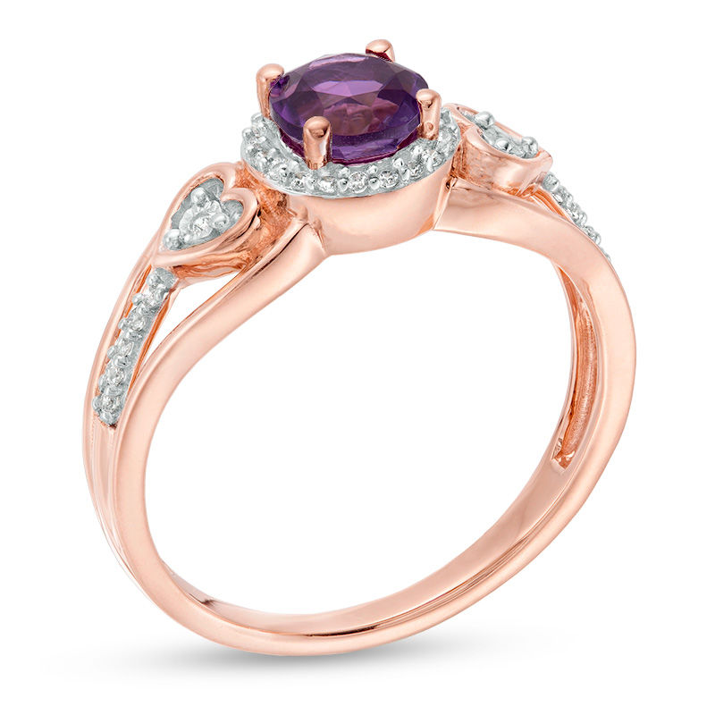 5.0mm Amethyst and 0.086 CT. T.W. Diamond Frame Heart Side Accent Split Shank Promise Ring in 10K Rose Gold|Peoples Jewellers