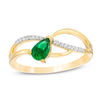 Thumbnail Image 0 of Pear-Shaped Lab-Created Emerald and 0.04 CT. T.W. Diamond Wave Ribbon Split Shank Promise Ring in 10K Gold