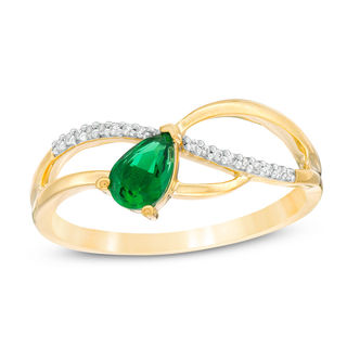 Pear-Shaped Lab-Created Emerald and 0.04 CT. T.W. Diamond Wave Ribbon Split Shank Promise Ring in 10K Gold