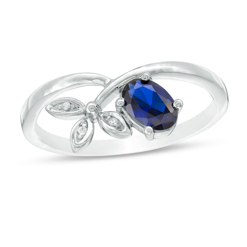 Oval Lab-Created Blue Sapphire and Diamond Accent Tri-Leaf Crossover Promise Ring in Sterling Silver|Peoples Jewellers
