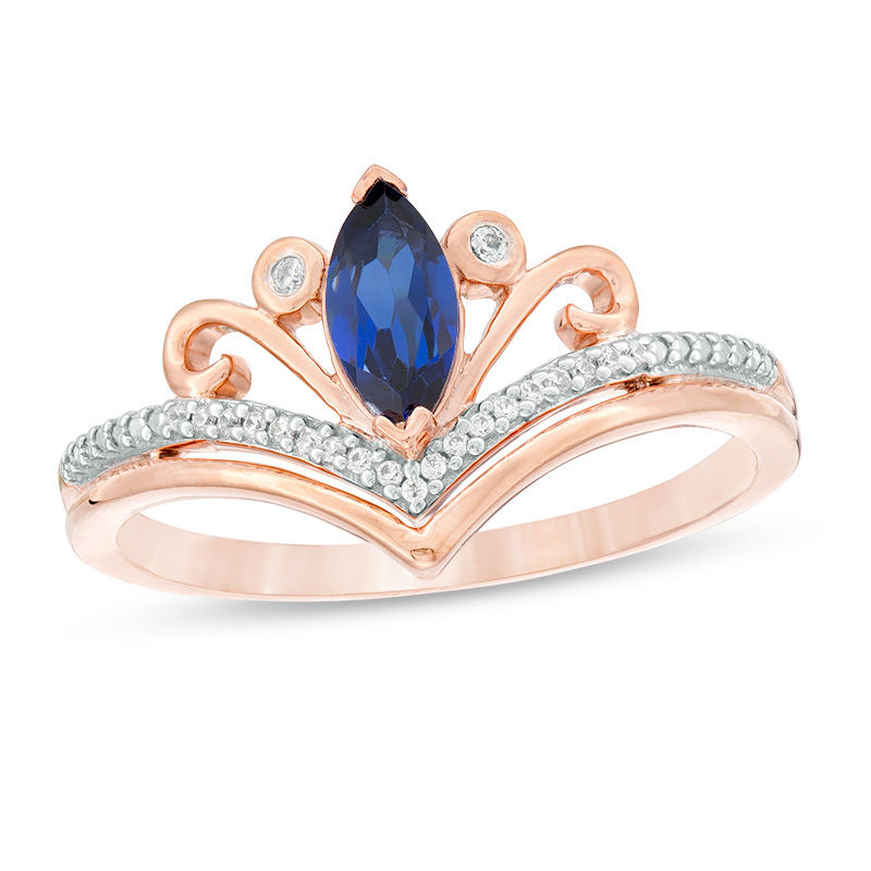Marquise Lab-Created Blue Sapphire and 0.04 CT. T.W. Diamond Scroll Accent Chevron Promise Ring in 10K Rose Gold|Peoples Jewellers