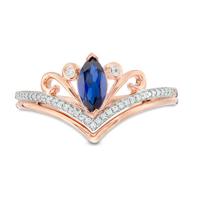 Marquise Lab-Created Blue Sapphire and 0.04 CT. T.W. Diamond Scroll Accent Chevron Promise Ring in 10K Rose Gold