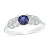 Thumbnail Image 0 of 5.0mm Lab-Created Blue Sapphire and 0.04 CT. T.W. Diamond Leaf-Sides Vintage-Style Promise Ring in 10K White Gold