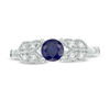 5.0mm Lab-Created Blue Sapphire and 0.04 CT. T.W. Diamond Leaf-Sides Vintage-Style Promise Ring in 10K White Gold