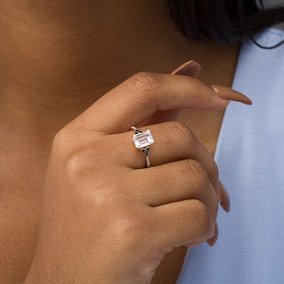 Emerald-Cut Lab-Created White Sapphire and 0.04 CT. T.W. Enhanced Black and White Diamond Promise Ring in 10K Rose Gold