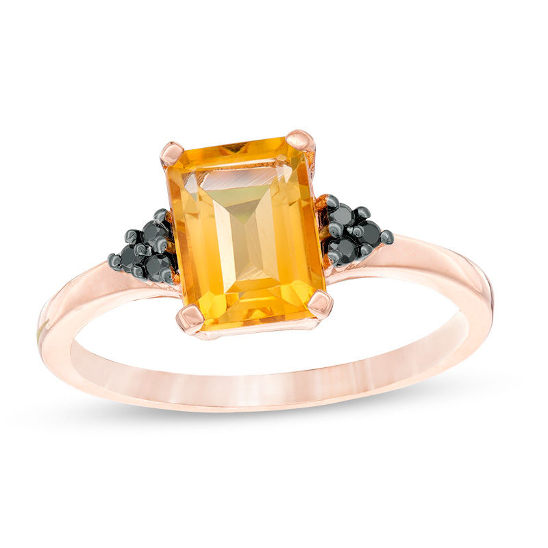 Emerald-Cut Citrine and 0.04 CT. T.W. Black Diamond Tri-Sides Promise Ring in 10K Rose Gold|Peoples Jewellers