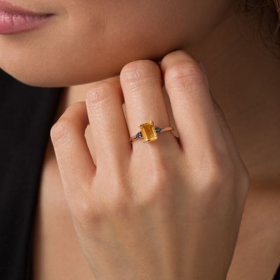 Emerald-Cut Citrine and 0.04 CT. T.W. Black Diamond Tri-Sides Promise Ring in 10K Rose Gold