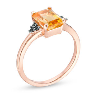 Emerald-Cut Citrine and 0.04 CT. T.W. Black Diamond Tri-Sides Promise Ring in 10K Rose Gold