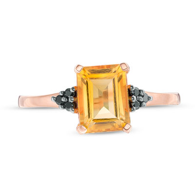 Emerald-Cut Citrine and 0.04 CT. T.W. Black Diamond Tri-Sides Promise Ring in 10K Rose Gold