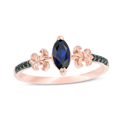 Marquise Lab-Created Blue Sapphire and 0.04 CT. T.W. Black Diamond Fleur-de-Lis Promise Ring in 10K Rose Gold