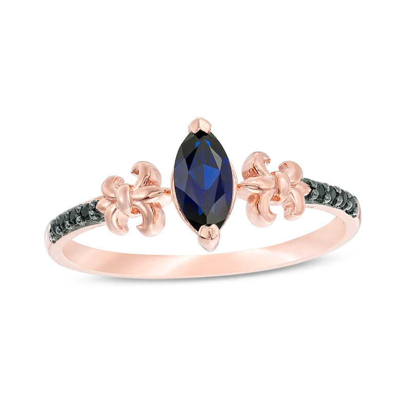 Marquise Lab-Created Blue Sapphire and 0.04 CT. T.W. Black Diamond Fleur-de-Lis Promise Ring in 10K Rose Gold|Peoples Jewellers