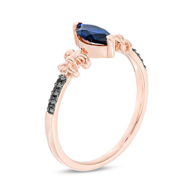 Marquise Lab-Created Blue Sapphire and 0.04 CT. T.W. Black Diamond Fleur-de-Lis Promise Ring in 10K Rose Gold