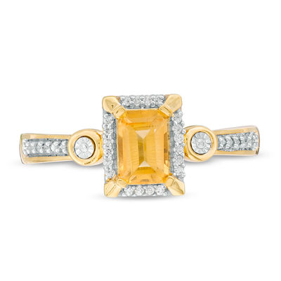 Emerald-Cut Citrine and 0.04 CT. T.W. Diamond Frame Art Deco-Inspired Promise Ring in 10K Gold