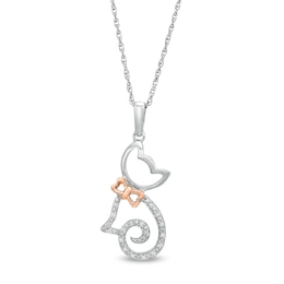 0.04 CT. T.W. Diamond Cat with Bow Pendant in Sterling Silver and 14K Rose Gold