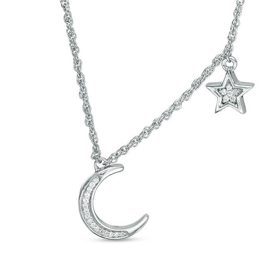 0.065 CT. T.W. Diamond Crescent Moon and Star Necklace in Sterling ...