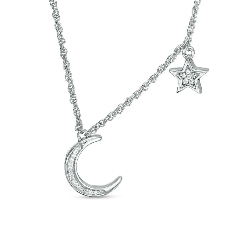 0.065 CT. T.W. Diamond Crescent Moon and Star Necklace in Sterling Silver|Peoples Jewellers