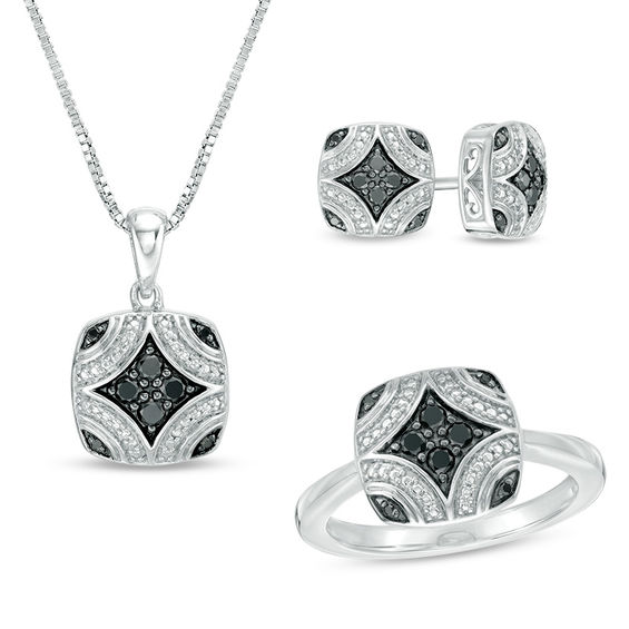 0.34 CT. T.W. Black Diamond Pendant, Stud Earrings and Ring Set in Sterling Silver with Black Rhodium - Size 7