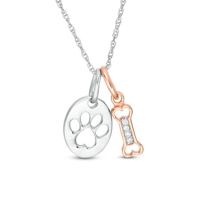 Diamond Accent Dog Bone and Paw Print Disc Pendant in Sterling Silver and 10K Rose Gold