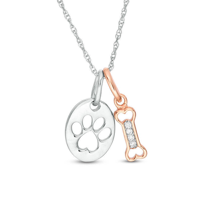 Diamond Accent Dog Bone and Paw Print Disc Pendant in Sterling Silver and 10K Rose Gold