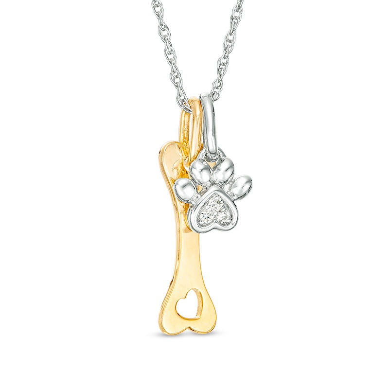 Diamond Accent Paw Print and Dog Bone Pendant in Sterling Silver and 14K Gold Plate