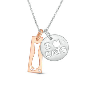 Diamond Accent Cut-Out Cat Rectangle and "I Heart CATS" Disc Pendant in Sterling Silver and 14K Rose Gold Plate