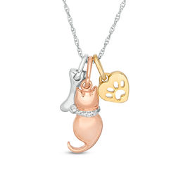 Diamond Accent Dog Bone, Sitting Cat and Paw Print Heart Pendant in Sterling Silver and 14K Two-Tone Gold Plate