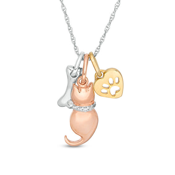 Diamond Accent Dog Bone, Sitting Cat and Paw Print Heart Pendant in Sterling Silver and 14K Two-Tone Gold Plate