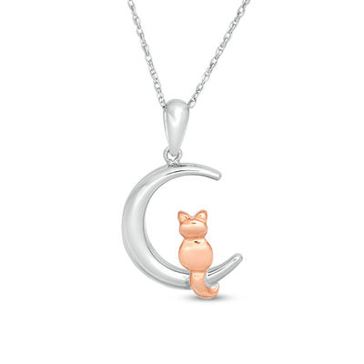 Sitting Cat on Crescent Moon Pendant in Sterling Silver and 10K Rose Gold