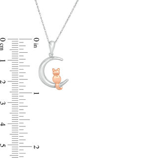 Sitting Cat on Crescent Moon Pendant in Sterling Silver and 10K Rose Gold