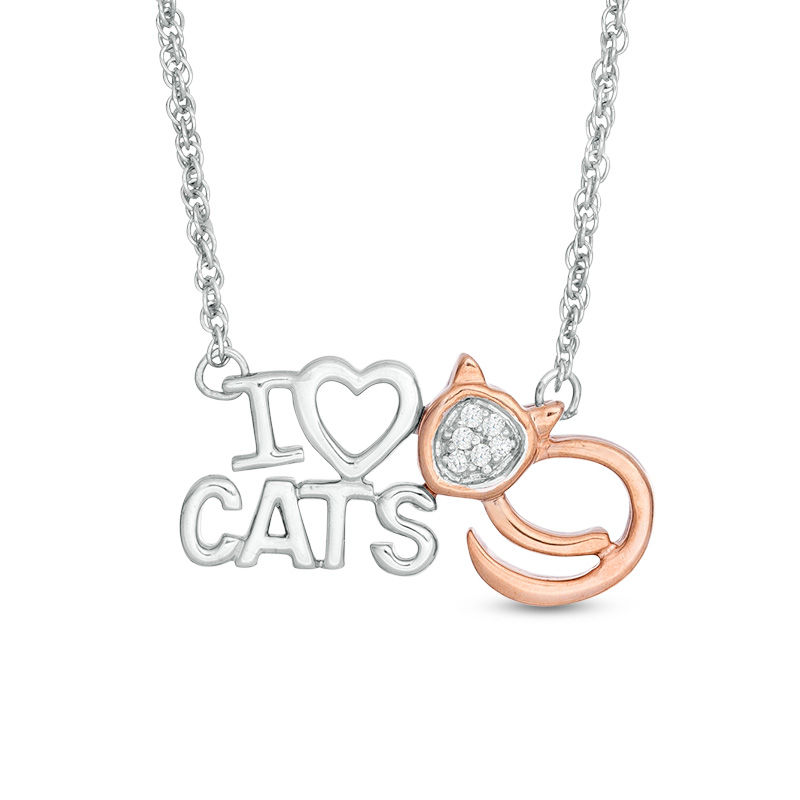 Diamond Accent "I Heart CATS" Necklace in Sterling Silver and 10K Rose Gold - 17.5"|Peoples Jewellers