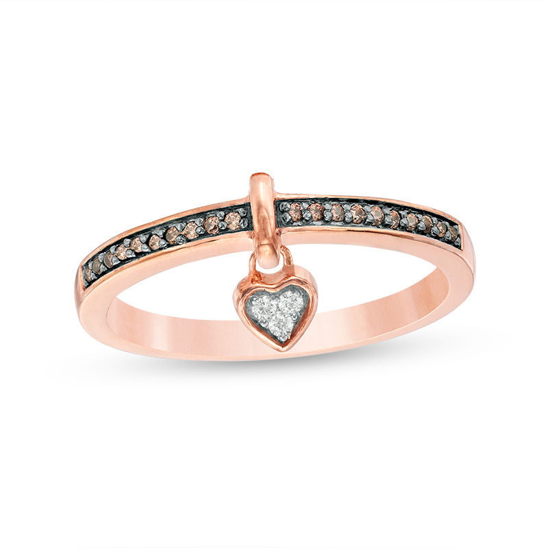 0.085 CT. T.W. Enhanced Champagne and White Diamond Heart-Shaped Dangle Ring in 10K Rose Gold with Black Rhodium|Peoples Jewellers